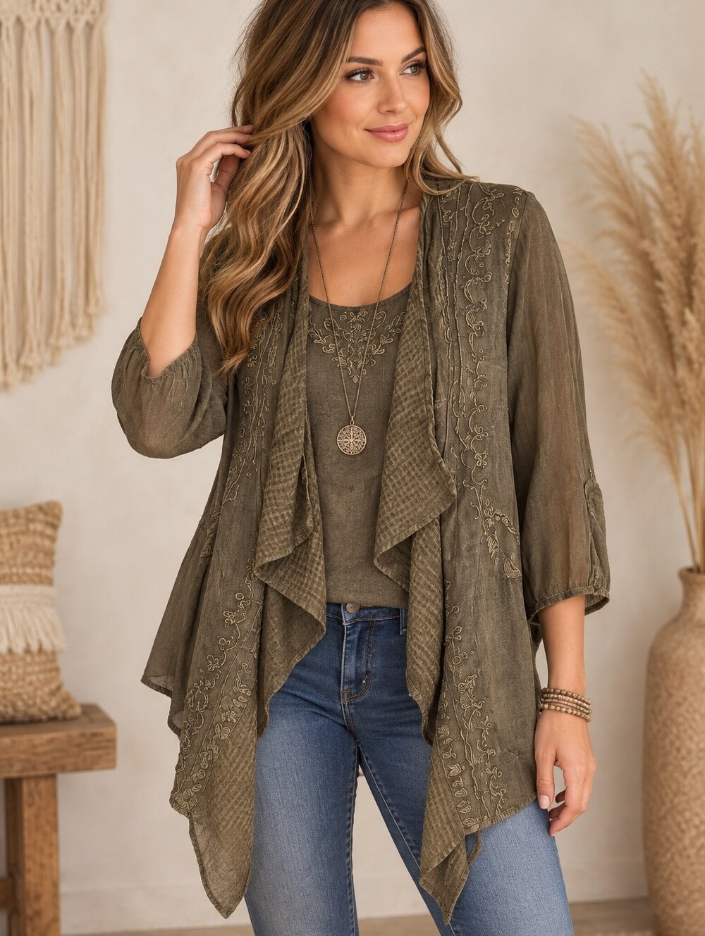 477.Olive Embroidered Cascade Front Women's Viscose Jacket